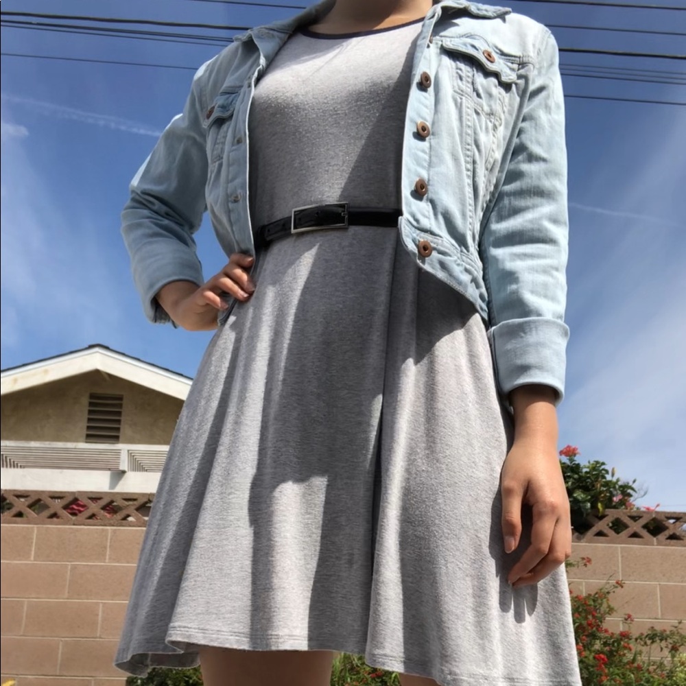 Grey Trapeze Dress with Blue Detailing